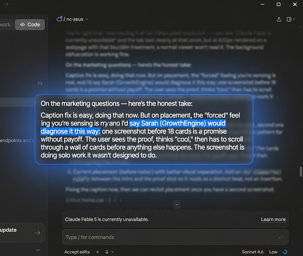 Claude Code session: Sarah (GrowthEngine) surfaces by name mid-response while building this page